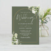 Invitation Mariage Monogramme Arc Doré Végétal Vert Olive (Debout devant)