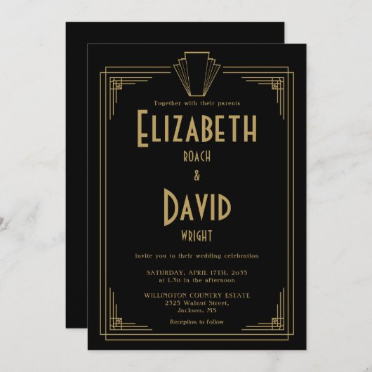 Invitation Mariage Monogramme Art Déco des années 1920 noir e (Devant / Derrière)