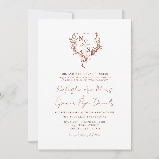 Invitation Mariage Monogrammé avec Blason Floral Rustique For (Devant)