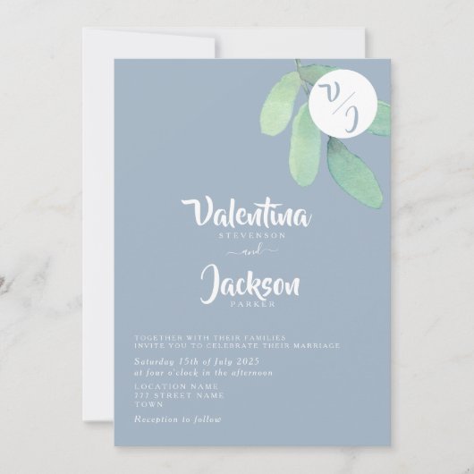Invitation Mariage Monogramme avec Verdure Bleu Poussiéreux  (Devant)