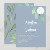 Invitation Mariage Monogramme avec Verdure Bleu Poussiéreux  (Devant / Derrière)