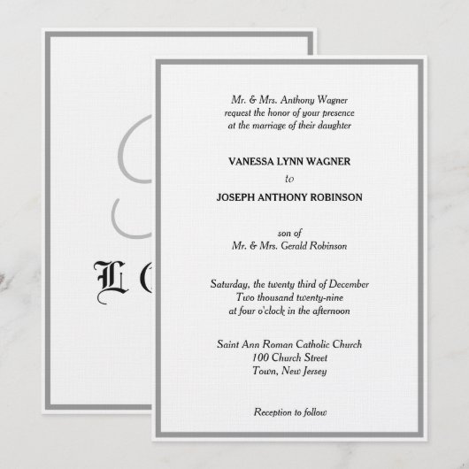 Invitation Mariage Monogramme Blanc Noir Argent Classique (Devant / Derrière)