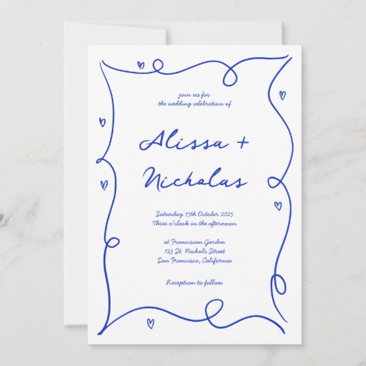 Invitation Mariage Monogramme bleu à main blanche (Devant)