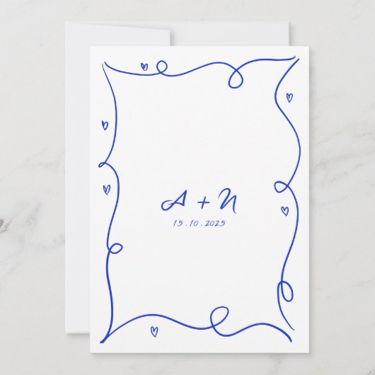 Invitation Mariage Monogramme bleu à main blanche (Dos)