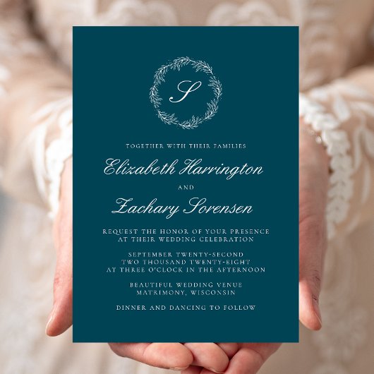 Invitation Mariage Monogramme Bleu Canard Couronne Écriture B