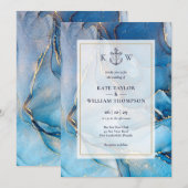 Invitation Mariage Monogramme Bleu Nautique Et Agate Dorée (Devant / Derrière)