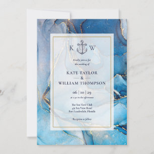 Invitation Mariage Monogramme Bleu Nautique Et Agate Dorée 