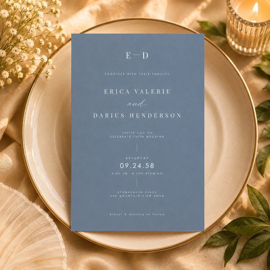 Invitation Mariage Monogramme Bleu Poussiéreux