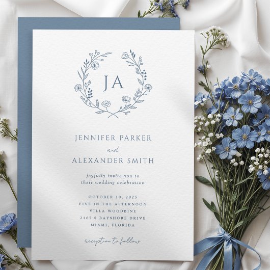 Invitation Mariage Monogramme Bleu Poussiéreux
