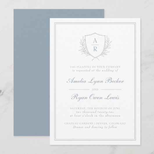 Invitation Mariage Monogrammé Bleu Poussiéreux (Devant / Derrière)