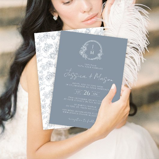Invitation Mariage monogramme bleu poussiéreux classique