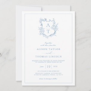 Invitation Mariage Monogramme Bleu Poussiéreux Crête Formel