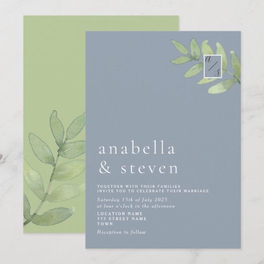 Invitation Mariage Monogramme Bleu Poussiéreux et Vert Sauge (Devant / Derrière)