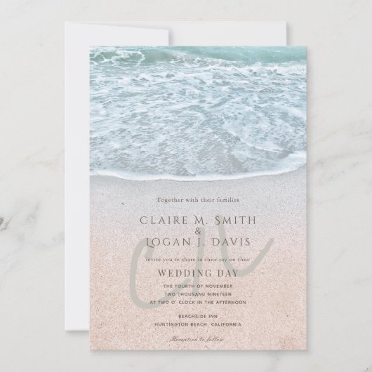 Invitation Mariage Monogramme Blue Ocean & Sandy Beach (Devant)