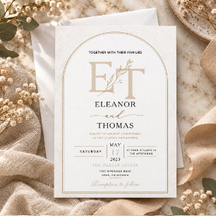 Invitation Mariage Monogramme Botanique Arche Beige Terreux