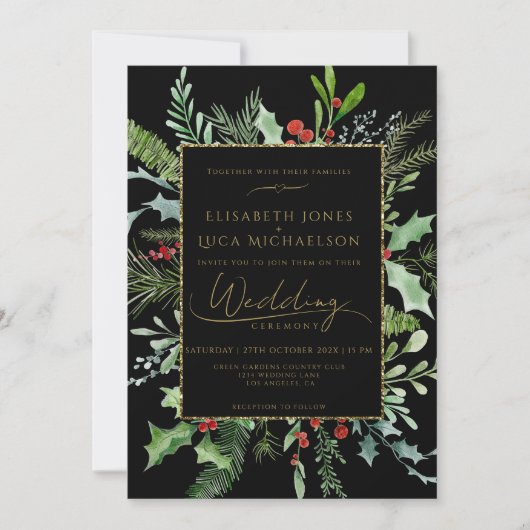 Invitation Mariage Monogramme Botanique Baies Hiver Or (Devant)