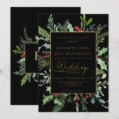 Invitation Mariage Monogramme Botanique Baies Hiver Or (Devant / Derrière)