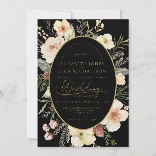 Invitation Mariage Monogramme Botanique Flore Noir Hiver Or (Devant)