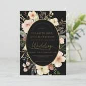 Invitation Mariage Monogramme Botanique Flore Noir Hiver Or (Debout devant)