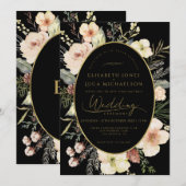 Invitation Mariage Monogramme Botanique Flore Noir Hiver Or (Devant / Derrière)