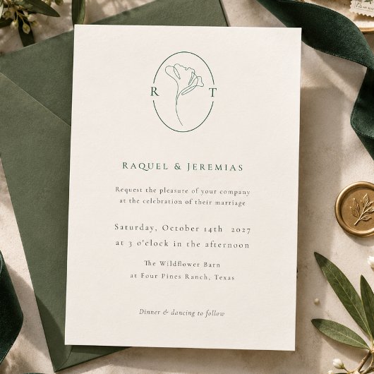 Invitation Mariage Monogramme Botanique Vert Émeraude
