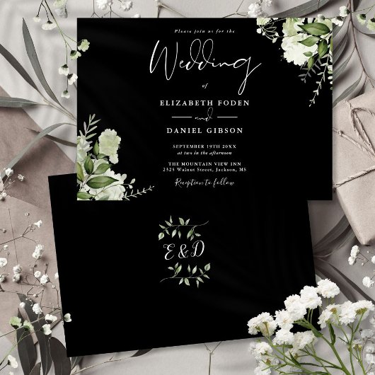 Invitation Mariage Monogramme Botanique Vert Noir Blanc 