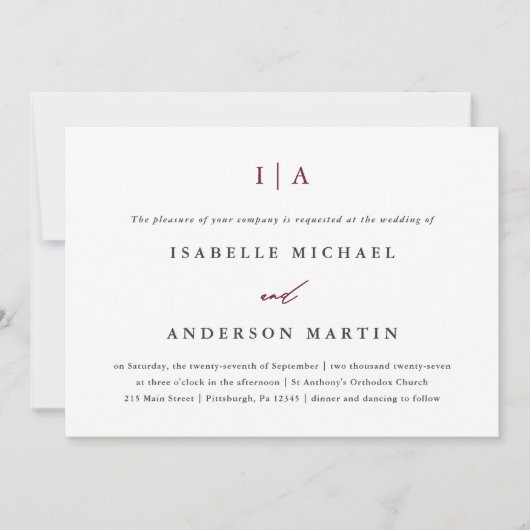 Invitation Mariage Monogramme Bourgogne Classique (Devant)