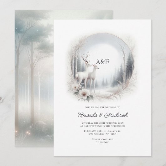 Invitation Mariage Monogramme Cerf Blanc Forêt Enchantée (Devant / Derrière)
