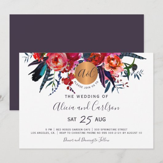 Invitation Mariage monogrammé chic à fleurs de la marine roug (Devant / Derrière)