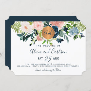 Invitation Mariage monogrammé chic de fleurs bleues de marine