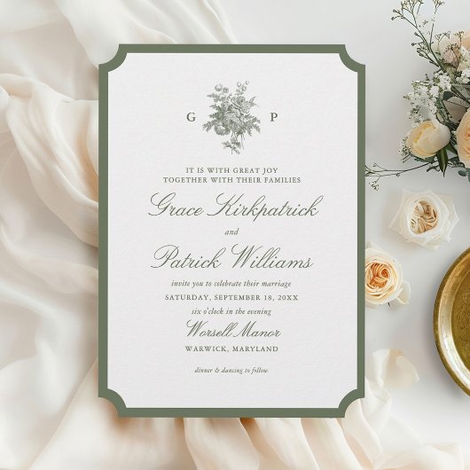 Invitation Mariage Monogramme Classique avec Bordure Vert Sau
