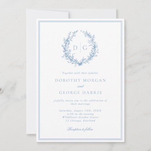 Invitation Mariage Monogramme classique en crête bleue Dusty (Devant)