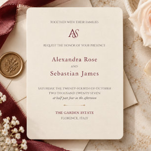 Invitation Mariage Monogramme Classique Merlot Bourgogne