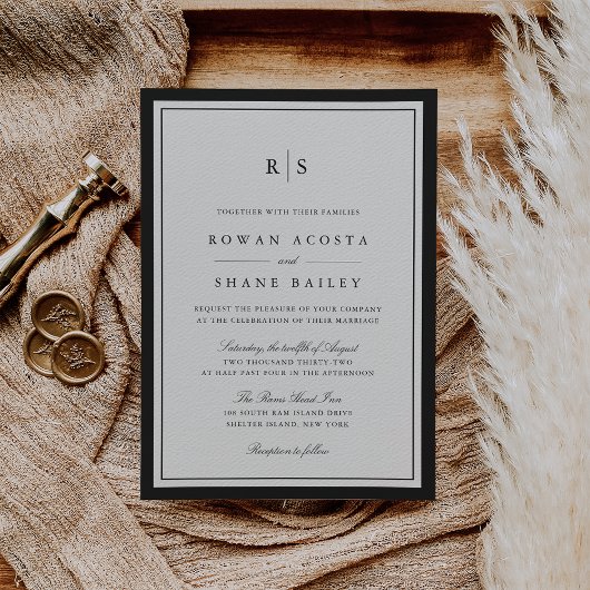 Invitation Mariage Monogramme Classique Noir & Bordure Ecru