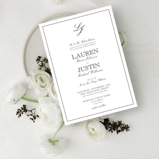 Invitation Mariage Monogramme classique noir et blanc