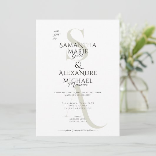 Invitation Mariage Monogramme contemporain en noir et blanc (Debout devant)