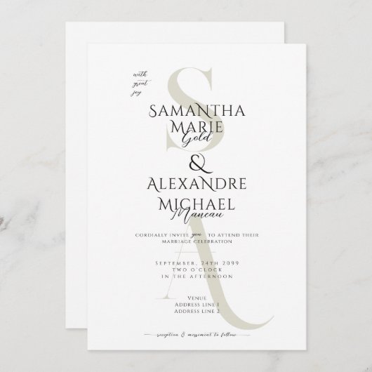 Invitation Mariage Monogramme contemporain en noir et blanc (Devant / Derrière)