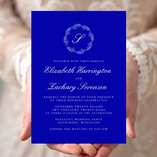 Invitation Mariage Monogramme Couronne Bleu Royal Écriture Bl
