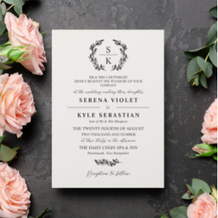 Invitation Mariage Monogramme Couronne de Laurier Gris Blanc
