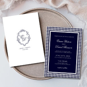 Invitation Mariage Monogramme Crête Bordure Harlequin Bleu Ma