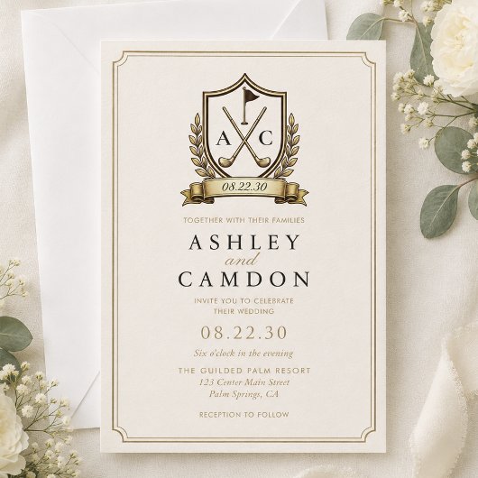 Invitation Mariage Monogramme Crête Golf Or