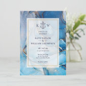 Invitation Mariage Monogramme D'Agate Bleu Et Or Nautique (Debout devant)
