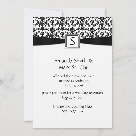 Invitation Mariage Monogramme Damassé Noir Blanc Après-Mariag (Devant)