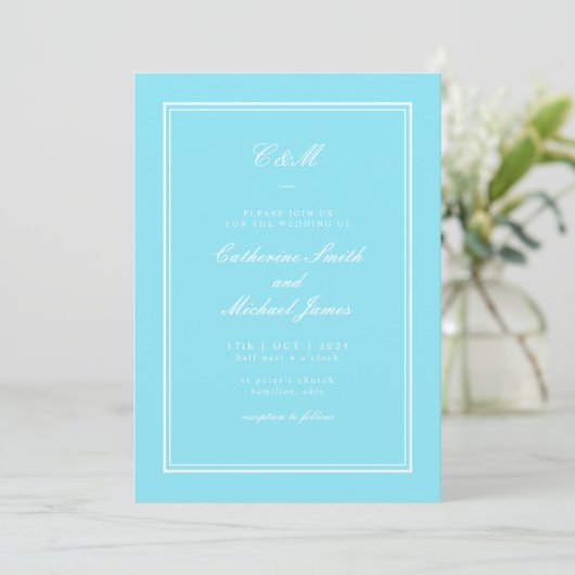 Invitation Mariage monogramme d'aqua brillant classique absol (Debout devant)