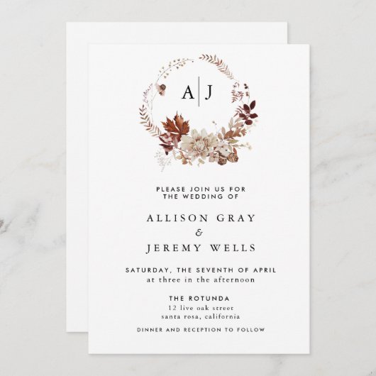 Invitation Mariage Monogramme d'automne du budget (Devant / Derrière)