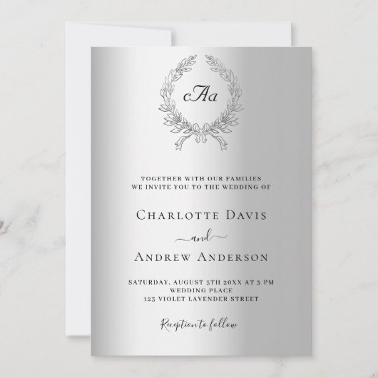 Invitation Mariage monogramme de couronne d'argent (Devant)