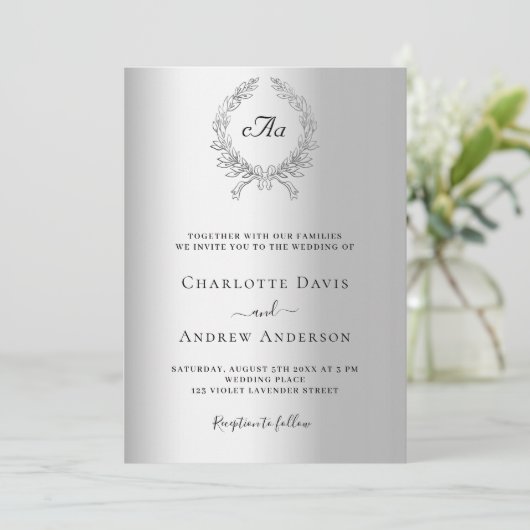 Invitation Mariage monogramme de couronne d'argent (Debout devant)