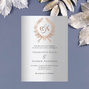 Invitation Mariage monogramme de couronne d'or rose argent