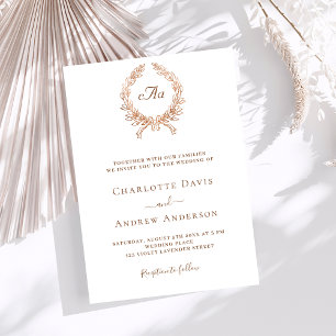 Invitation Mariage monogramme de couronne d'or rose blanche