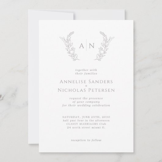 Invitation Mariage monogramme de feuillage minimal moderne (Devant)